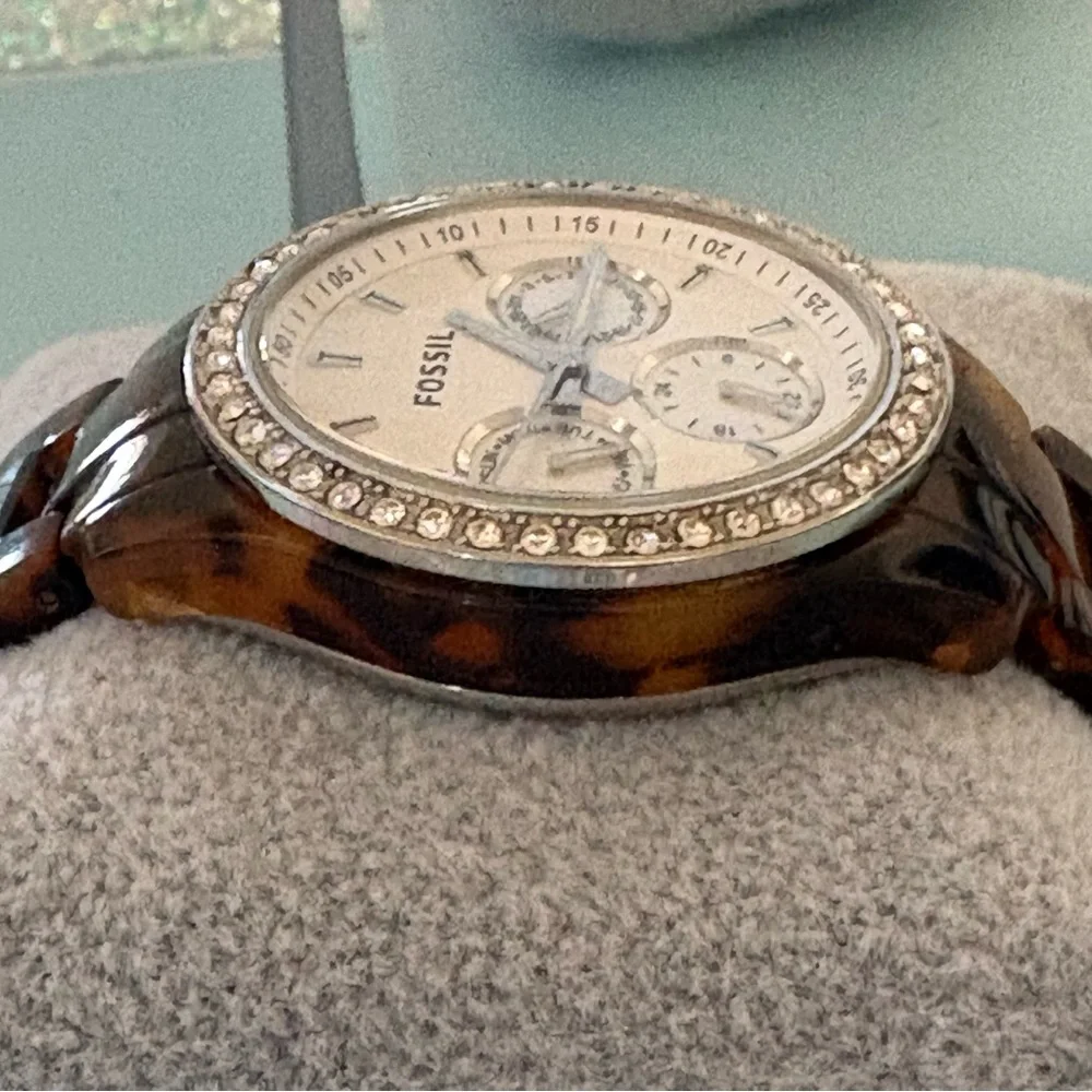 Fossil Stella Chronograph Crystal Bezel Tortoise Stainless Steel Bracelet Watch